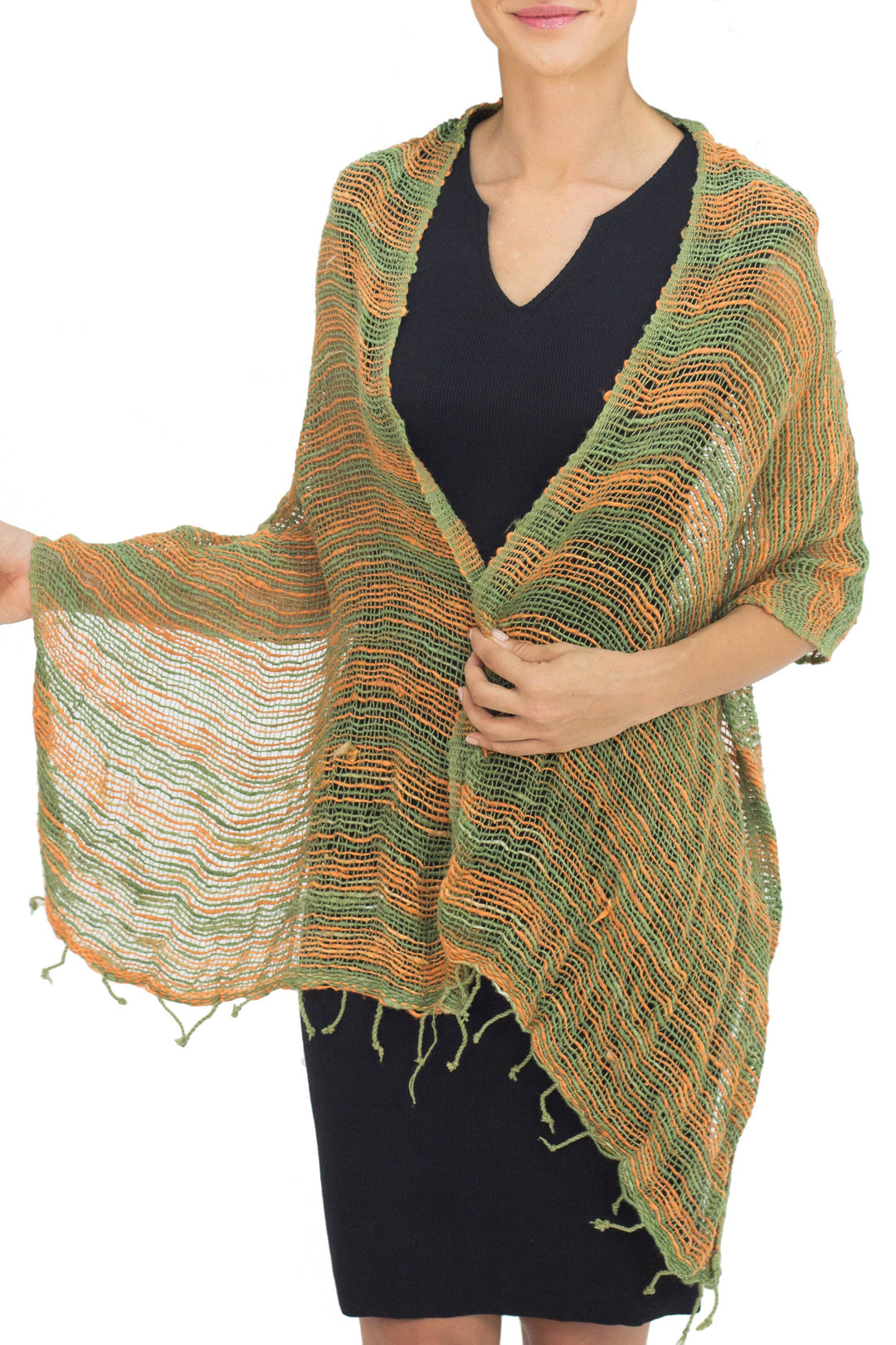 Thai Green and Orange Cotton Scarf - Breezy Green and Ginger