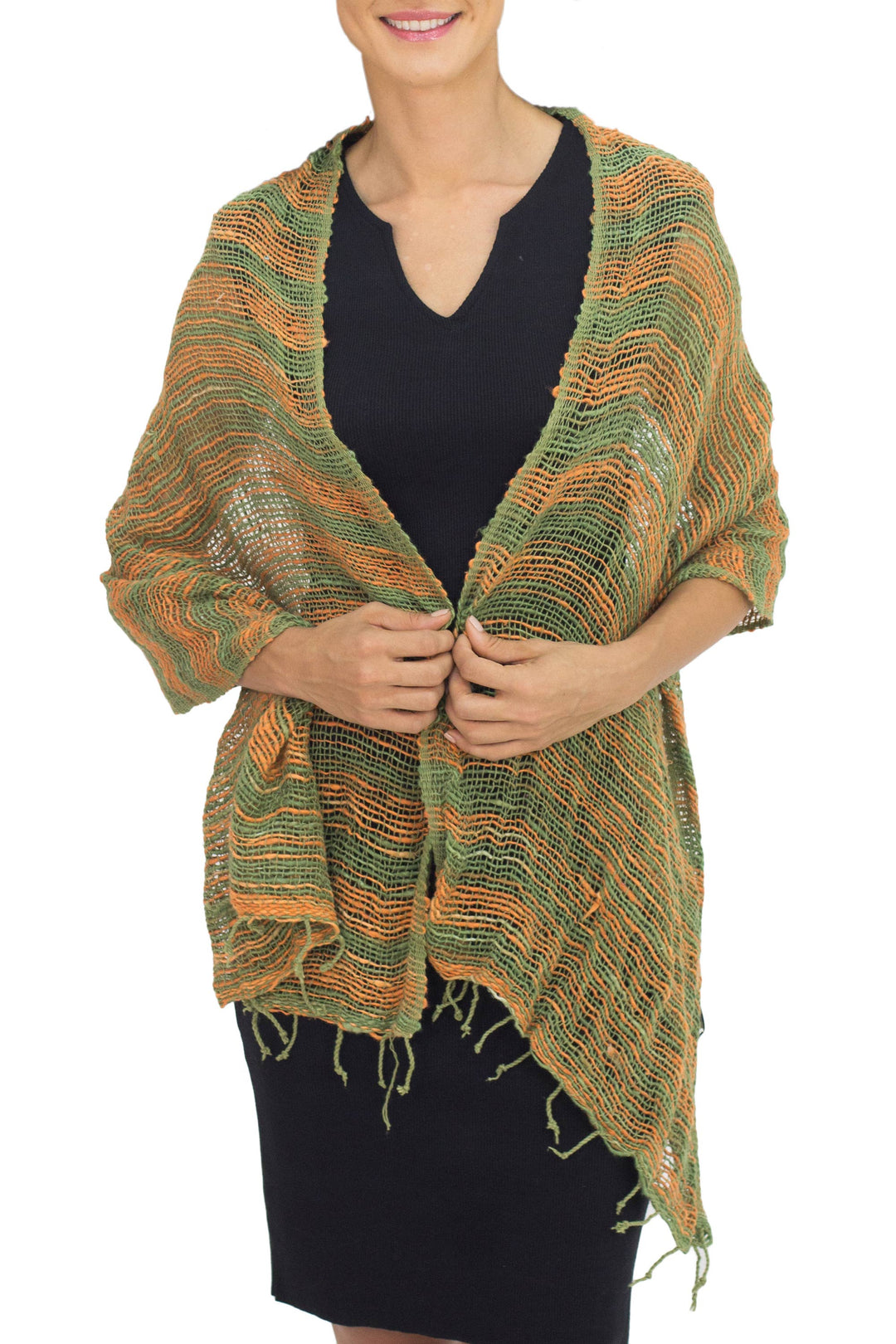 Thai Green and Orange Cotton Scarf - Breezy Green and Ginger