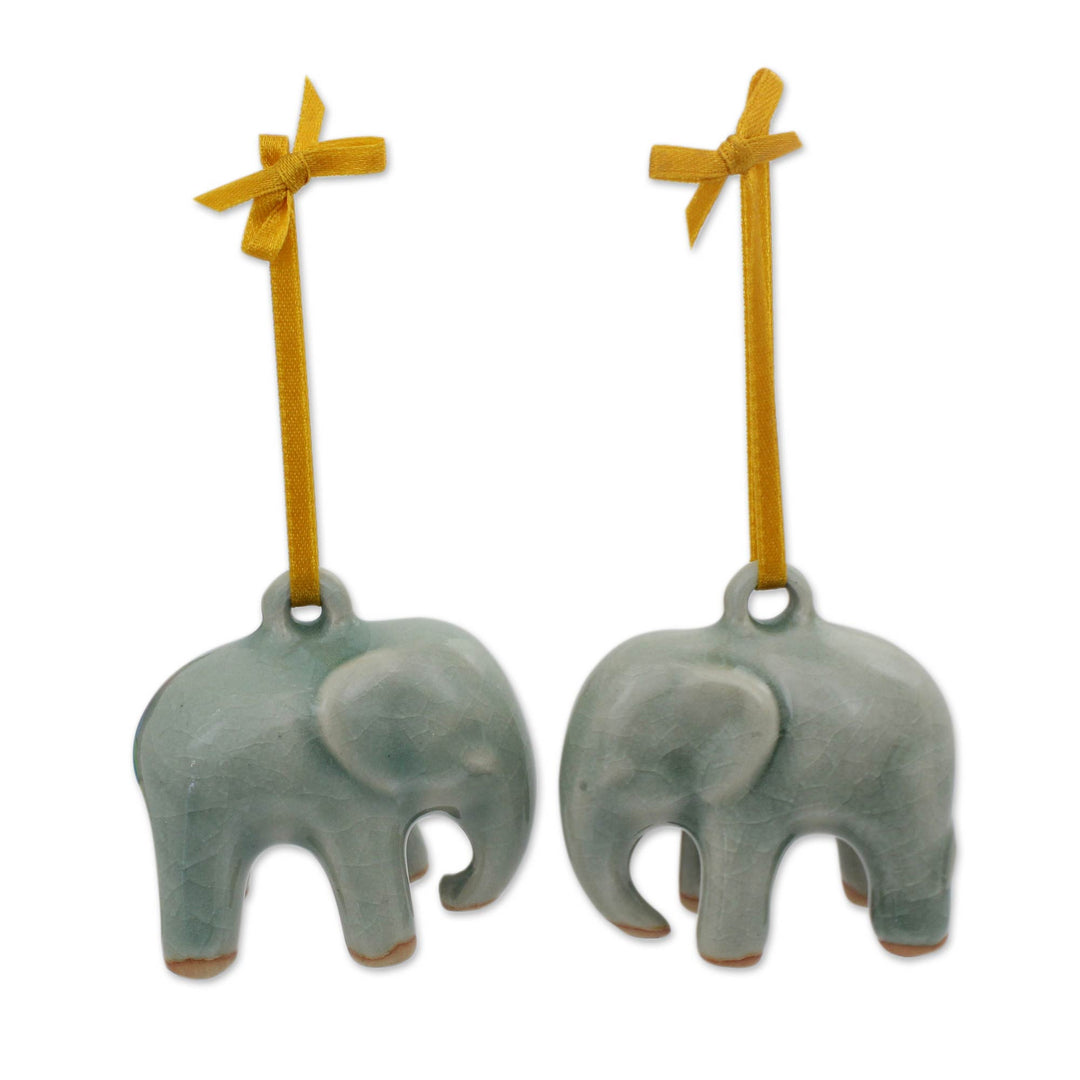 Crackled Green Celadon Ceramic Ornaments (Pair) - Light Blue Elephant