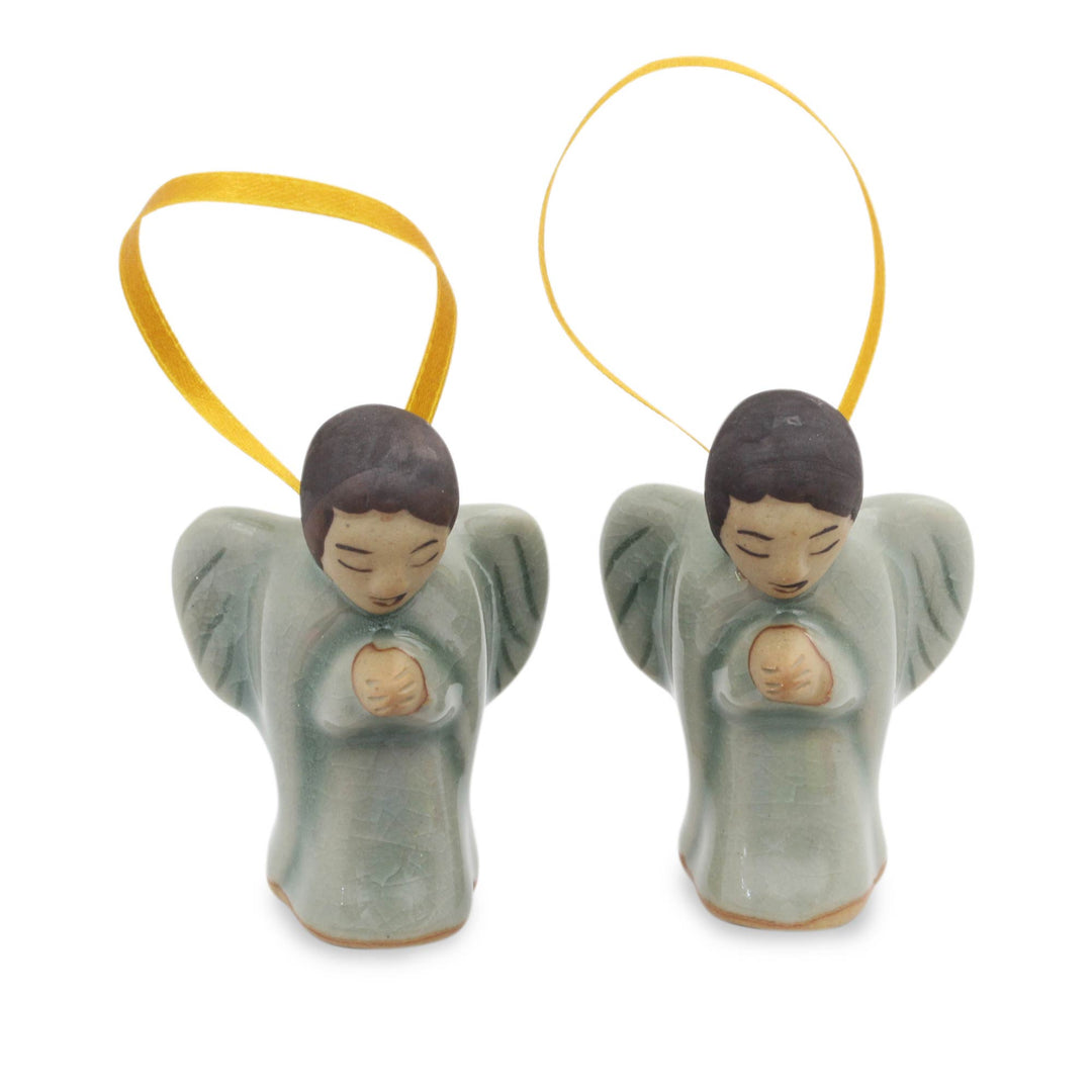 Two Handcrafted Thai Celadon Ceramic Angel Ornaments - Angels at Prayer