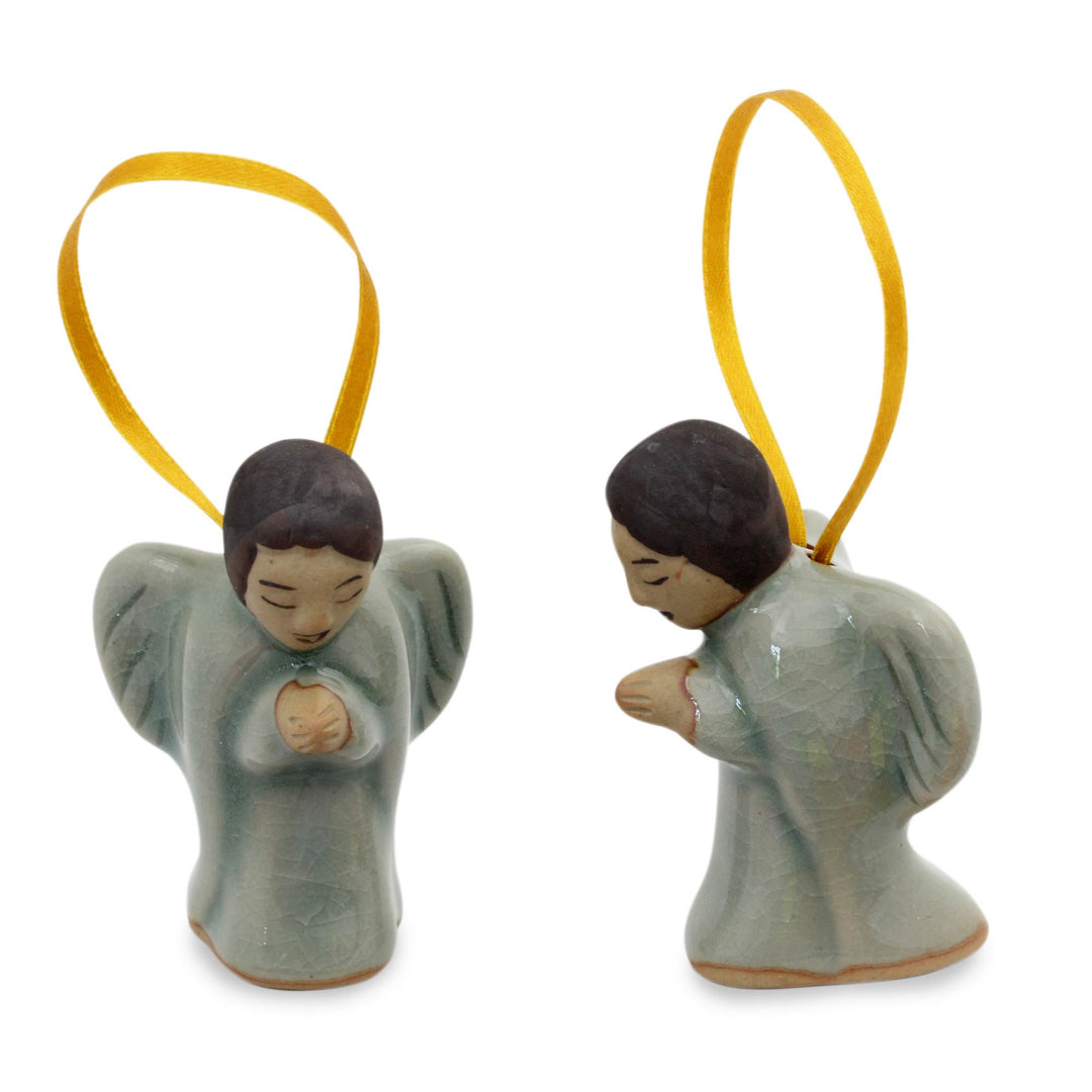 Two Handcrafted Thai Celadon Ceramic Angel Ornaments - Angels at Prayer