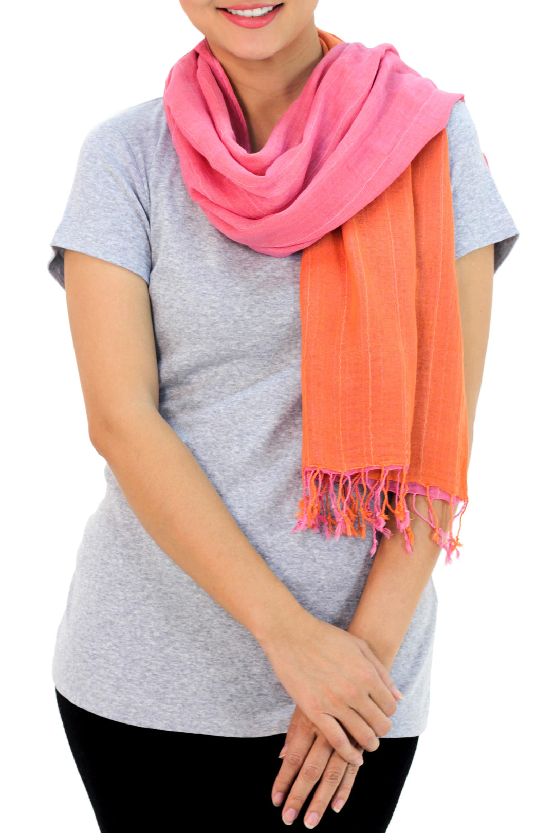 2-in-1 Hand-woven Cotton Reversible Scarf - Orange Pink Duet