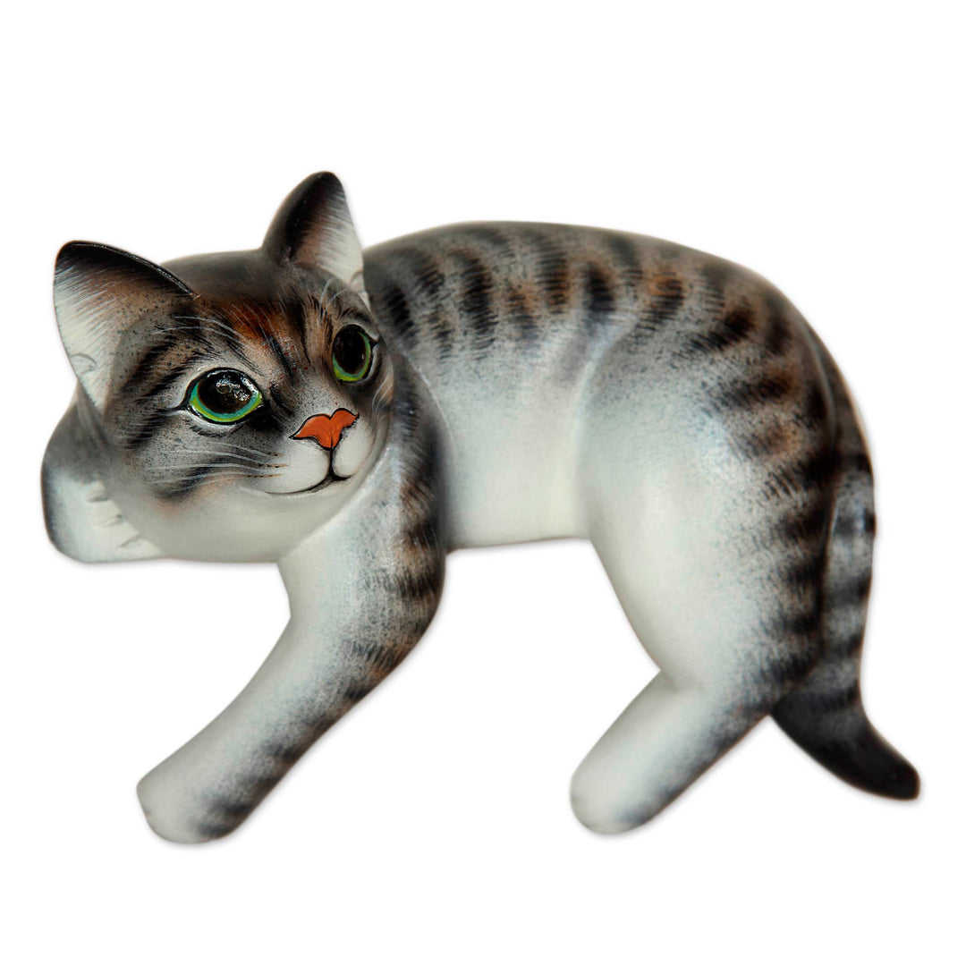 Signed Balinese Tabby Cat Sculpture - Tabby Cat Relaxes