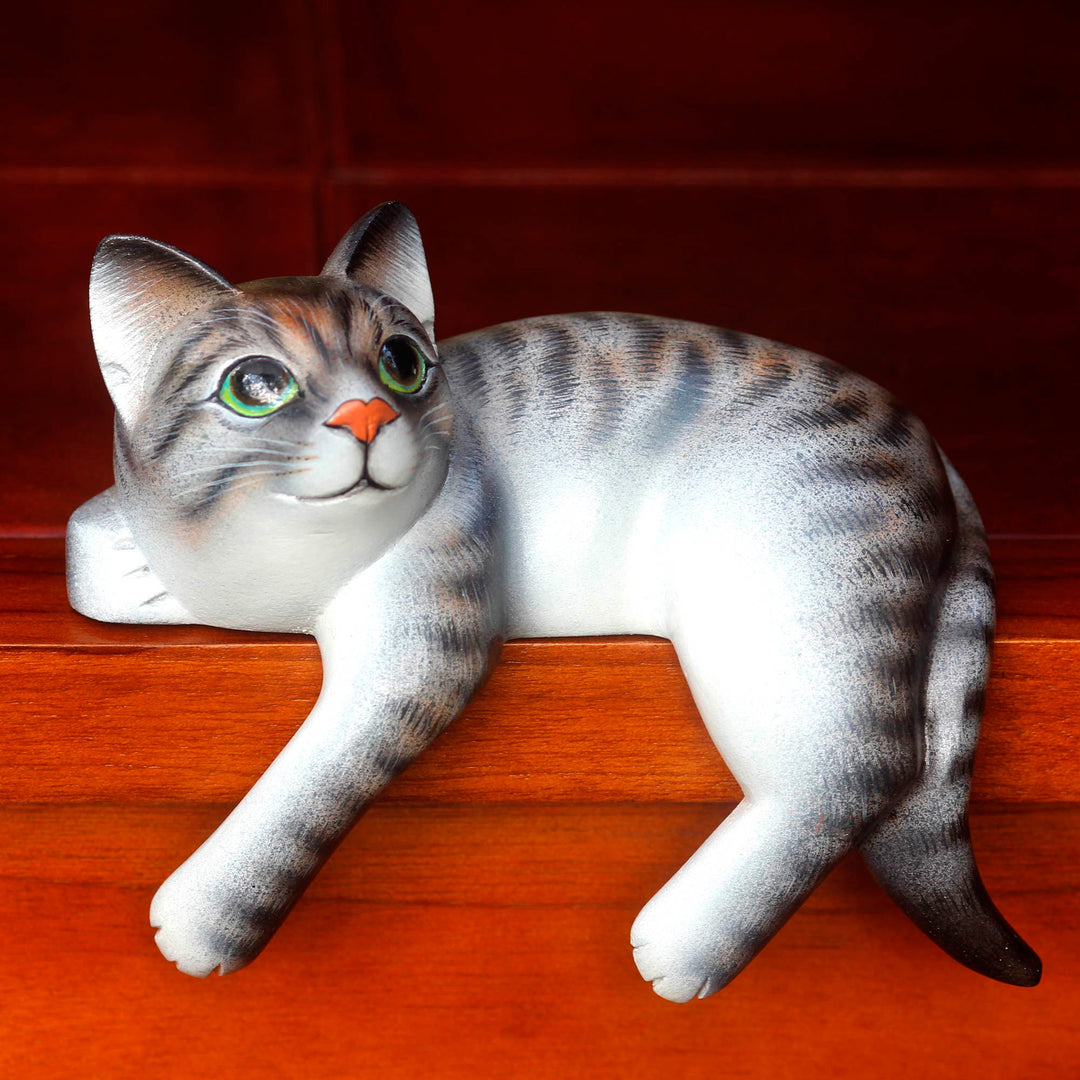 Signed Balinese Tabby Cat Sculpture - Tabby Cat Relaxes