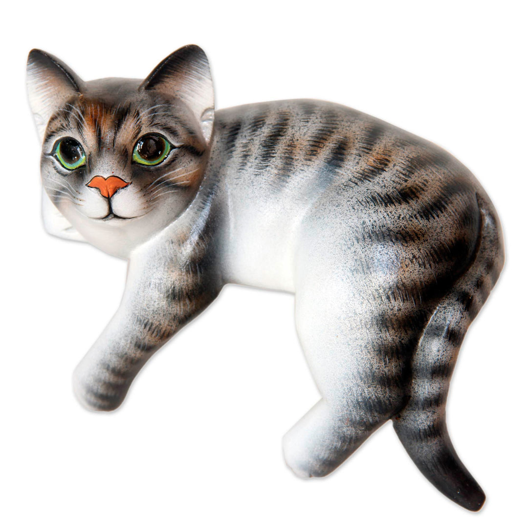 Signed Balinese Tabby Cat Sculpture - Tabby Cat Relaxes