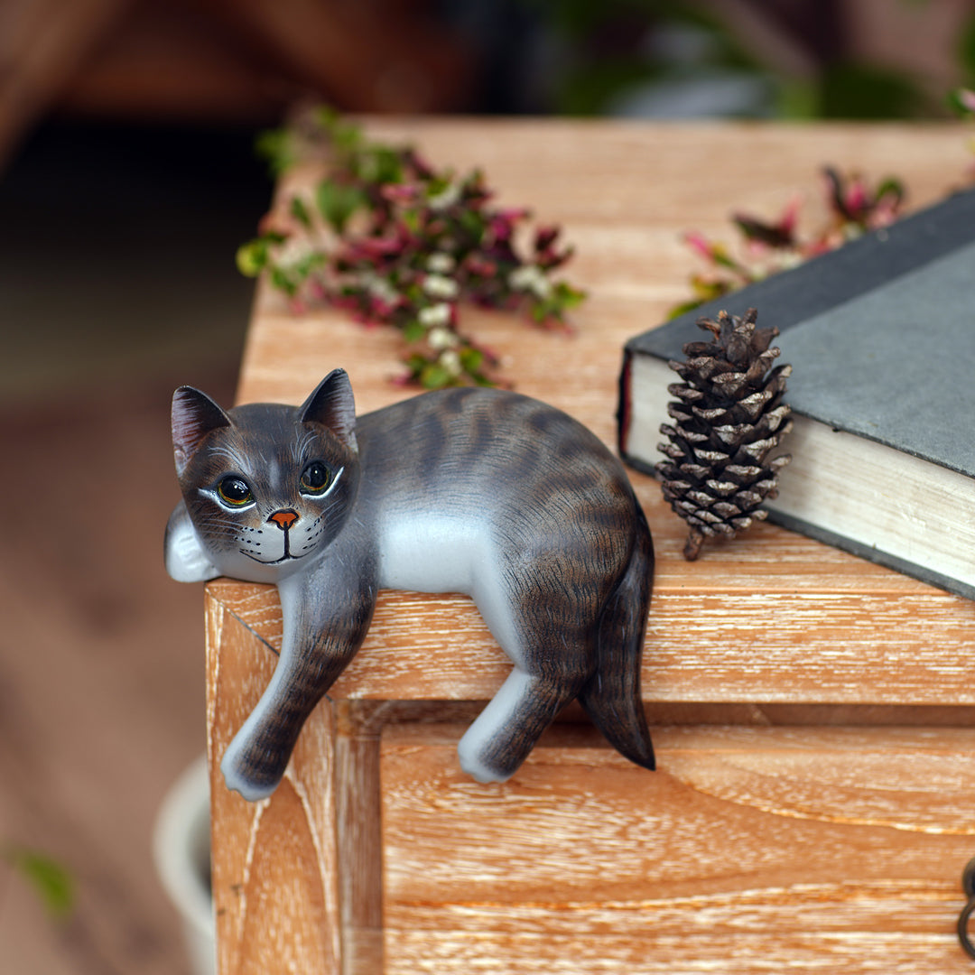 Signed Balinese Tabby Cat Sculpture - Tabby Cat Relaxes