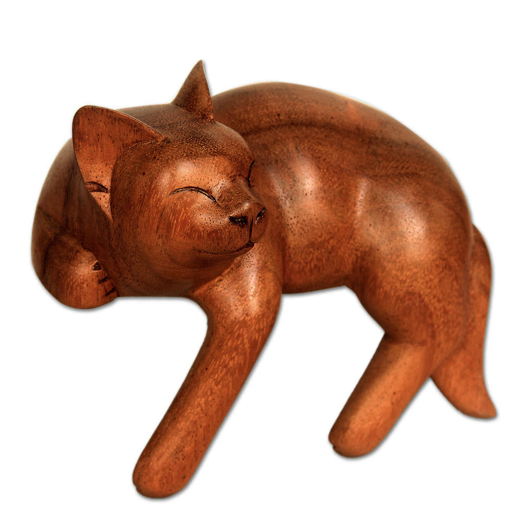 Signed Balinese Tabby Cat Sculpture - Smiling Cat Relaxes