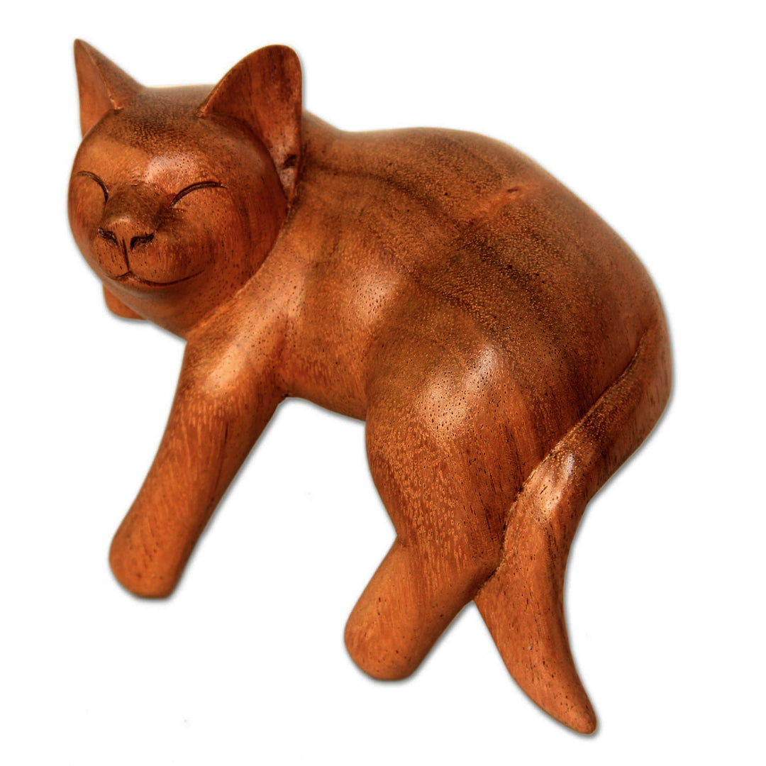Signed Balinese Tabby Cat Sculpture - Smiling Cat Relaxes