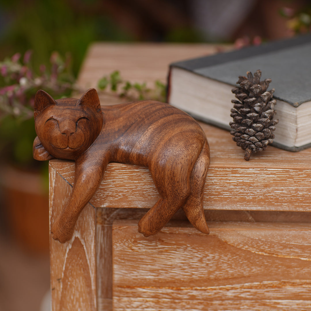 Signed Balinese Tabby Cat Sculpture - Smiling Cat Relaxes