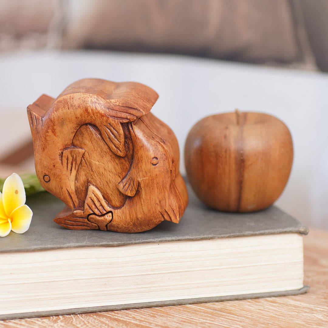 Hand Carved Balinese Wood Puzzle Box - Dancing Dolphins