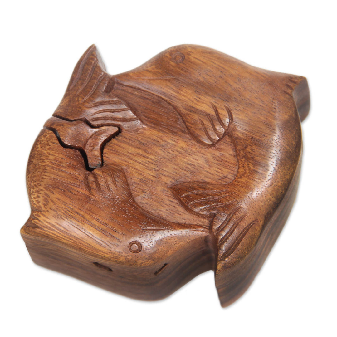 Hand Carved Balinese Wood Puzzle Box - Dancing Dolphins