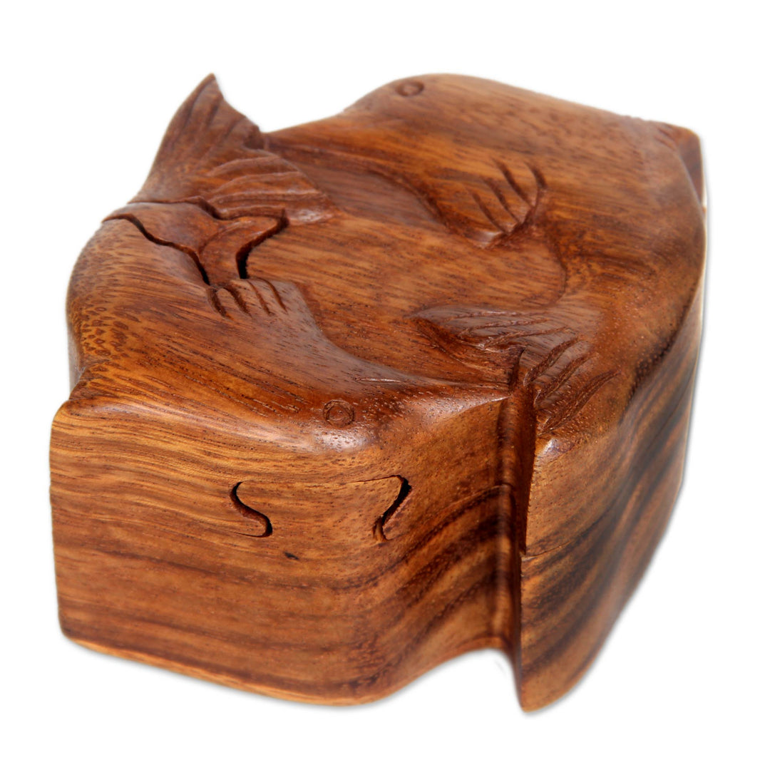 Hand Carved Balinese Wood Puzzle Box - Dancing Dolphins