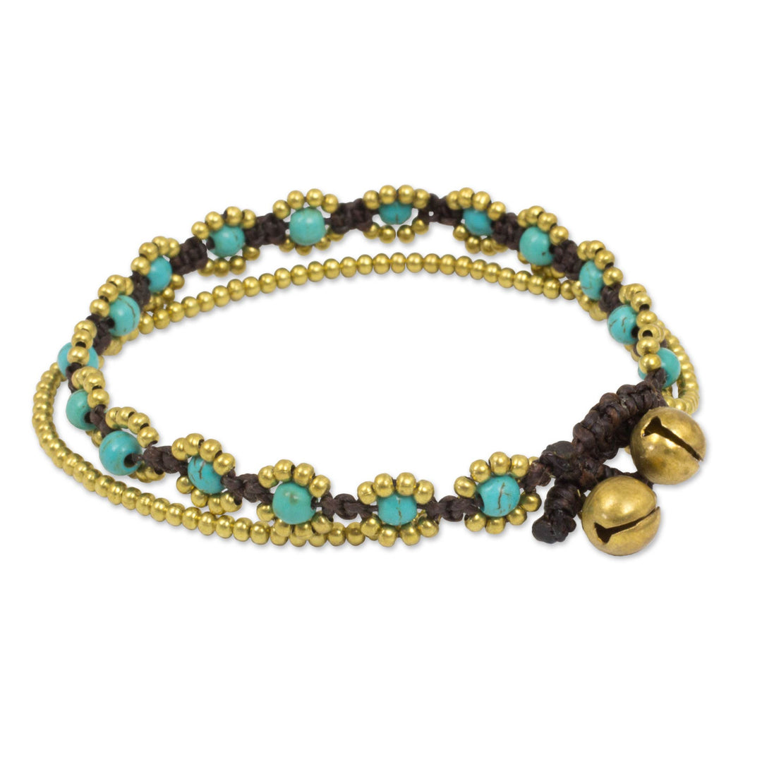 Hand Knotted Beaded Bracelet with Calcite and Brass Bells - Serene Sky