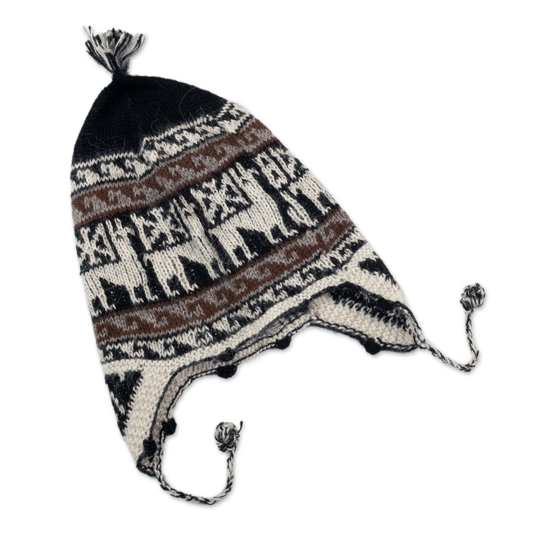 Black and White Alpaca Blend Chullo Hat - Llama Silhouette