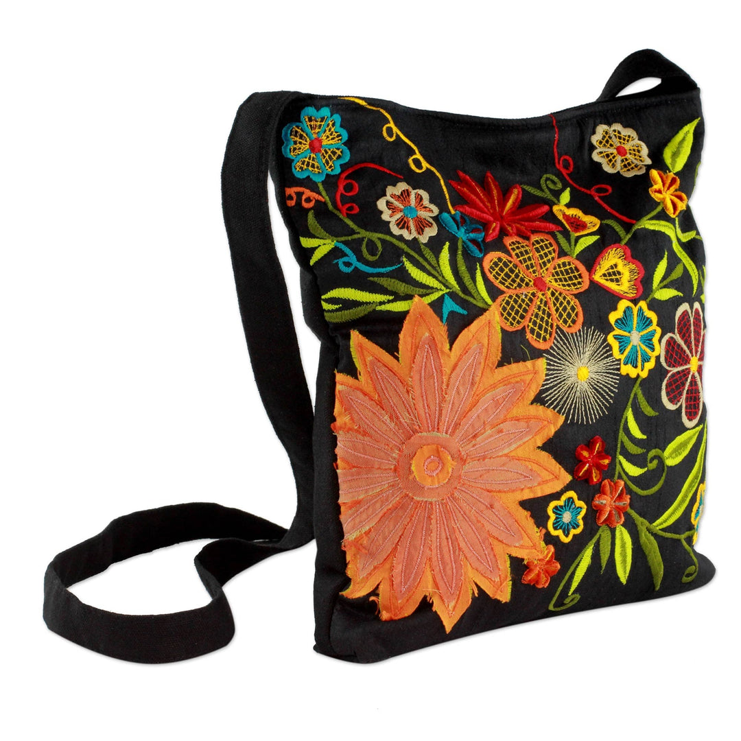 Floral Embroidery on Black Cotton Blend Shoulder Bag - Tropical Paradise