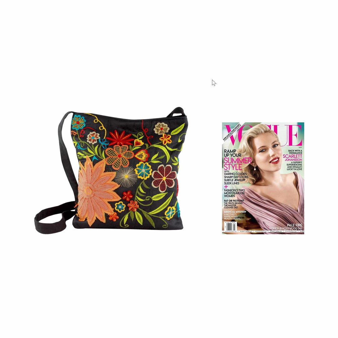 Floral Embroidery on Black Cotton Blend Shoulder Bag - Tropical Paradise