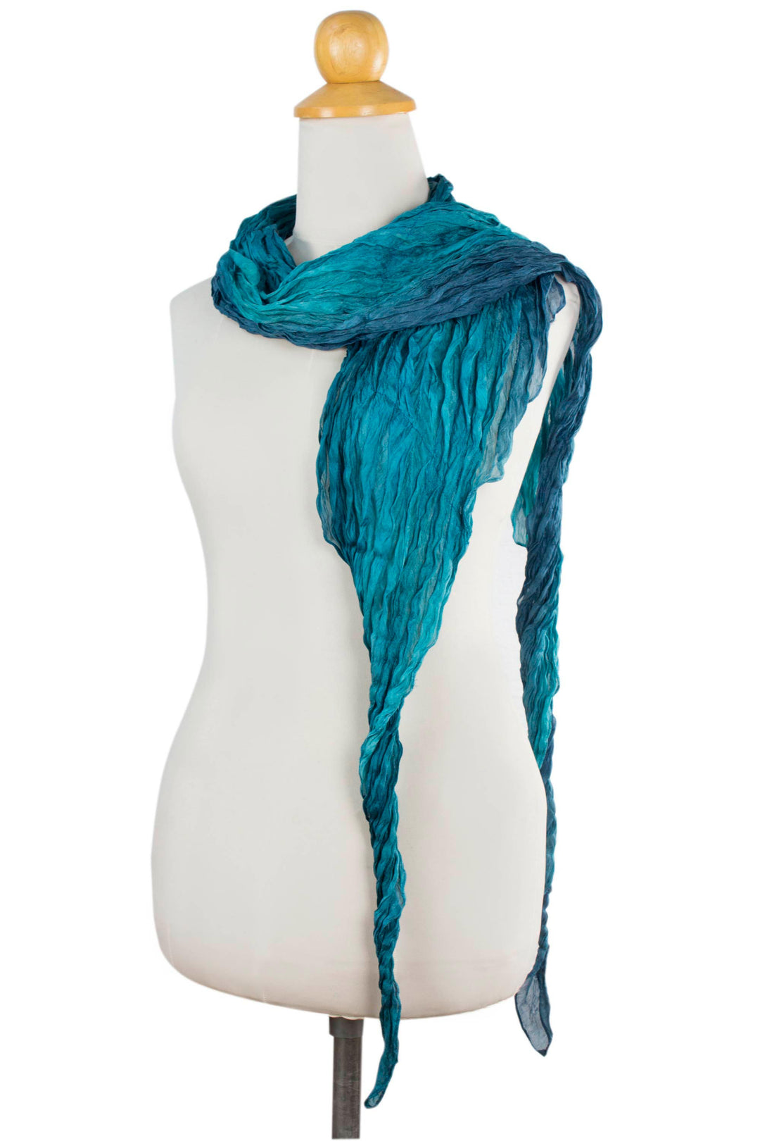 Teal Ombre Crinkled All-Silk Scarf from Thailand - Summer Rain