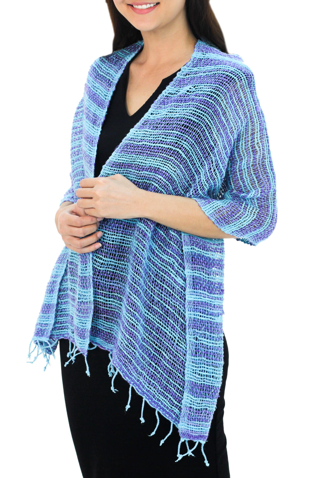Handmade 100% Cotton Loose Weave Scarf in Blue and Purple - Spring Breeze