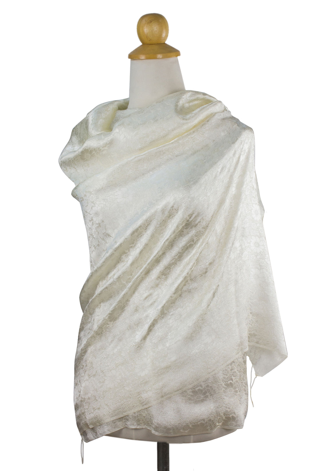 Cream Colored Rayon and Silk Blend Jacquard Shawl - Mandarin Ivory