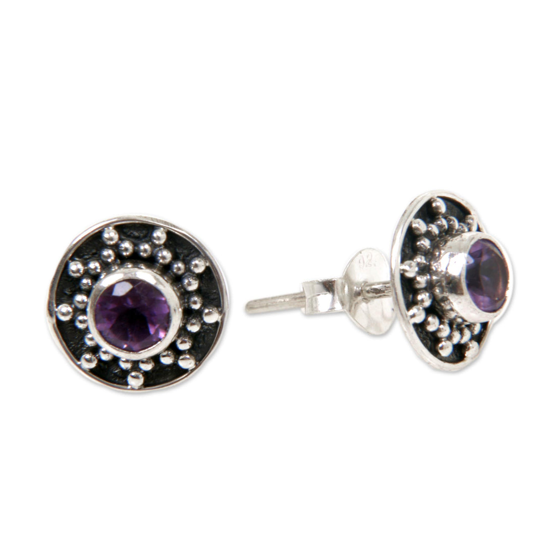 Amethyst and Sterling Silver Stud Earrings from Bali - Winter Halo