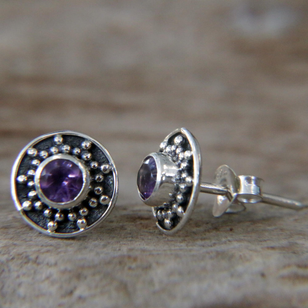 Amethyst and Sterling Silver Stud Earrings from Bali - Winter Halo