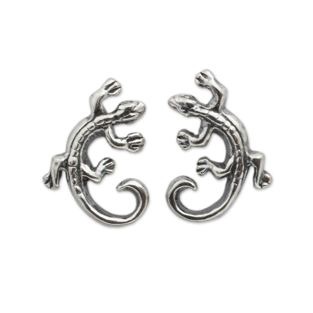 Sterling Silver Chameleon Button Earrings from Thailand - Chameleon
