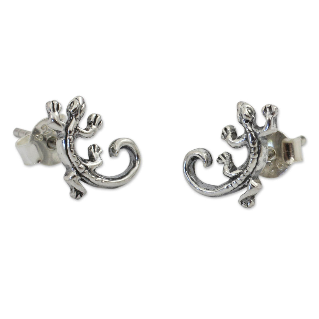 Sterling Silver Chameleon Button Earrings from Thailand - Chameleon