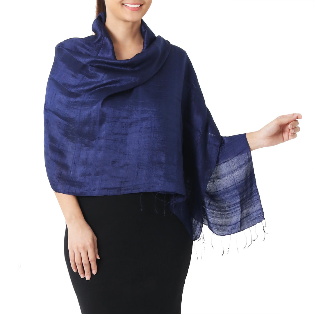 Deep Blue Handwoven Raw Silk Shawl from Thailand - Shimmering Indigo