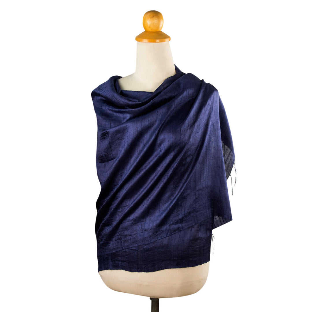 Deep Blue Handwoven Raw Silk Shawl from Thailand - Shimmering Indigo