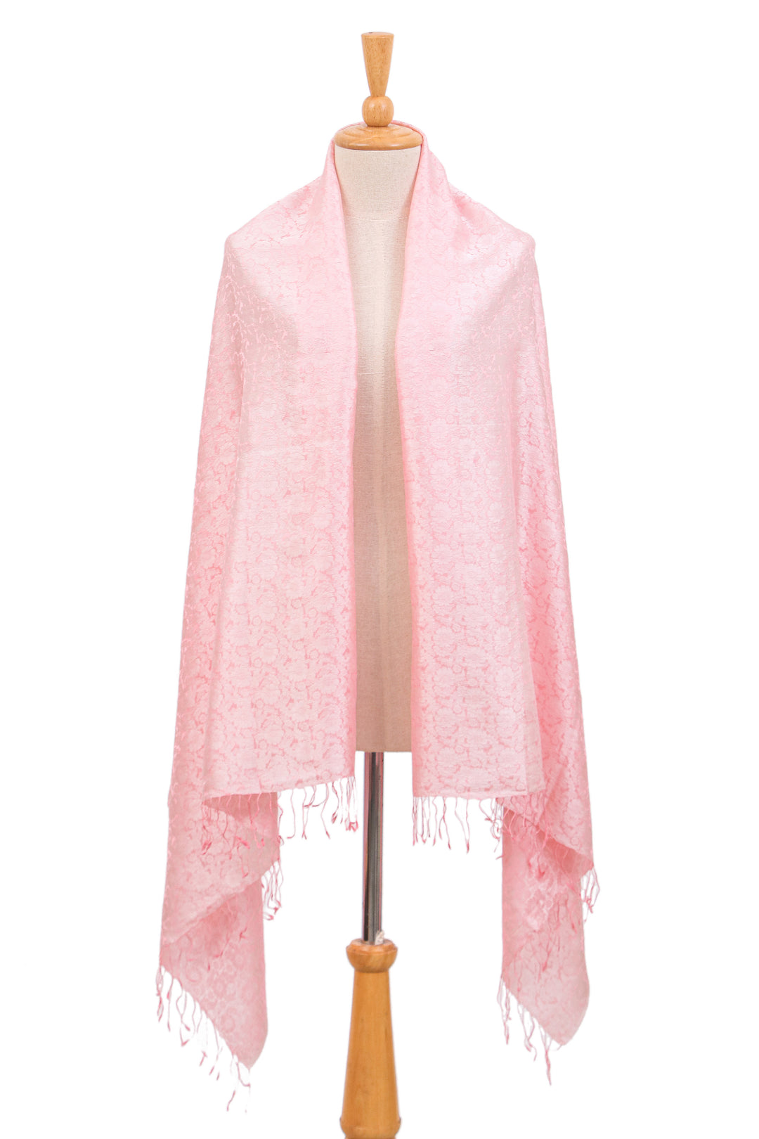 Pale Pink Floral Jacquard Shawl of a Rayon/Silk Blend - Elegance in Pink