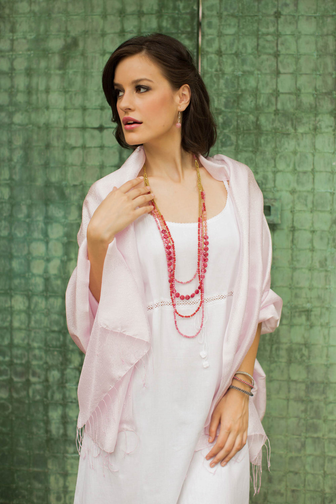 Pale Pink Floral Jacquard Shawl of a Rayon/Silk Blend - Elegance in Pink