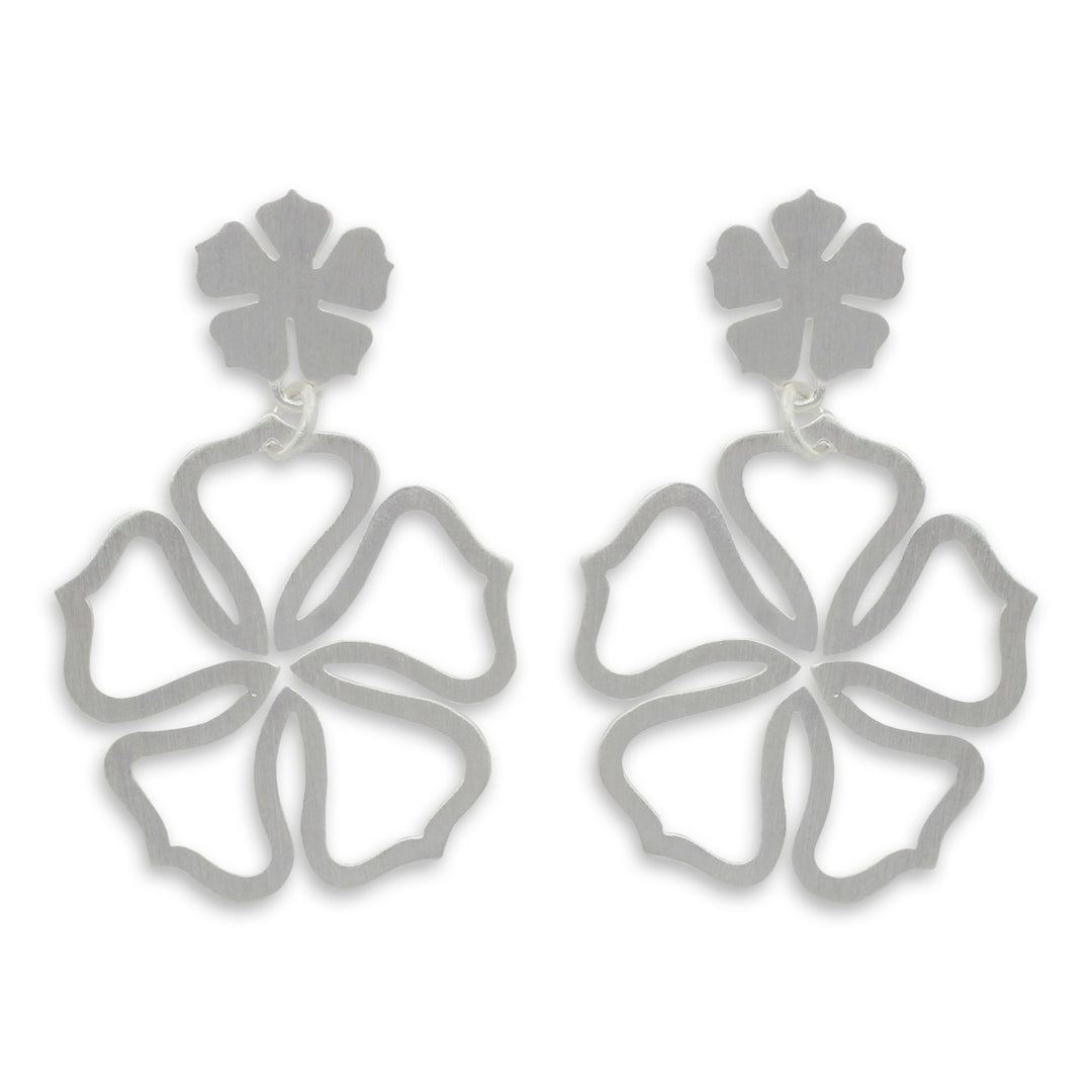 Brushed Sterling Silver Rose Dangle Earrings - Chinese Rose