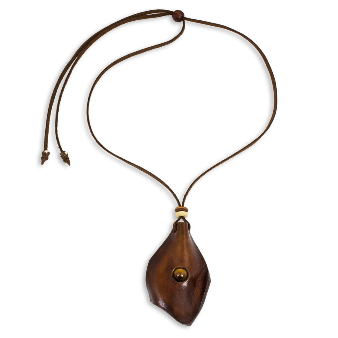 Men's Leather Wood and Tiger's Eye Pendant Necklace - Thai Cowboy