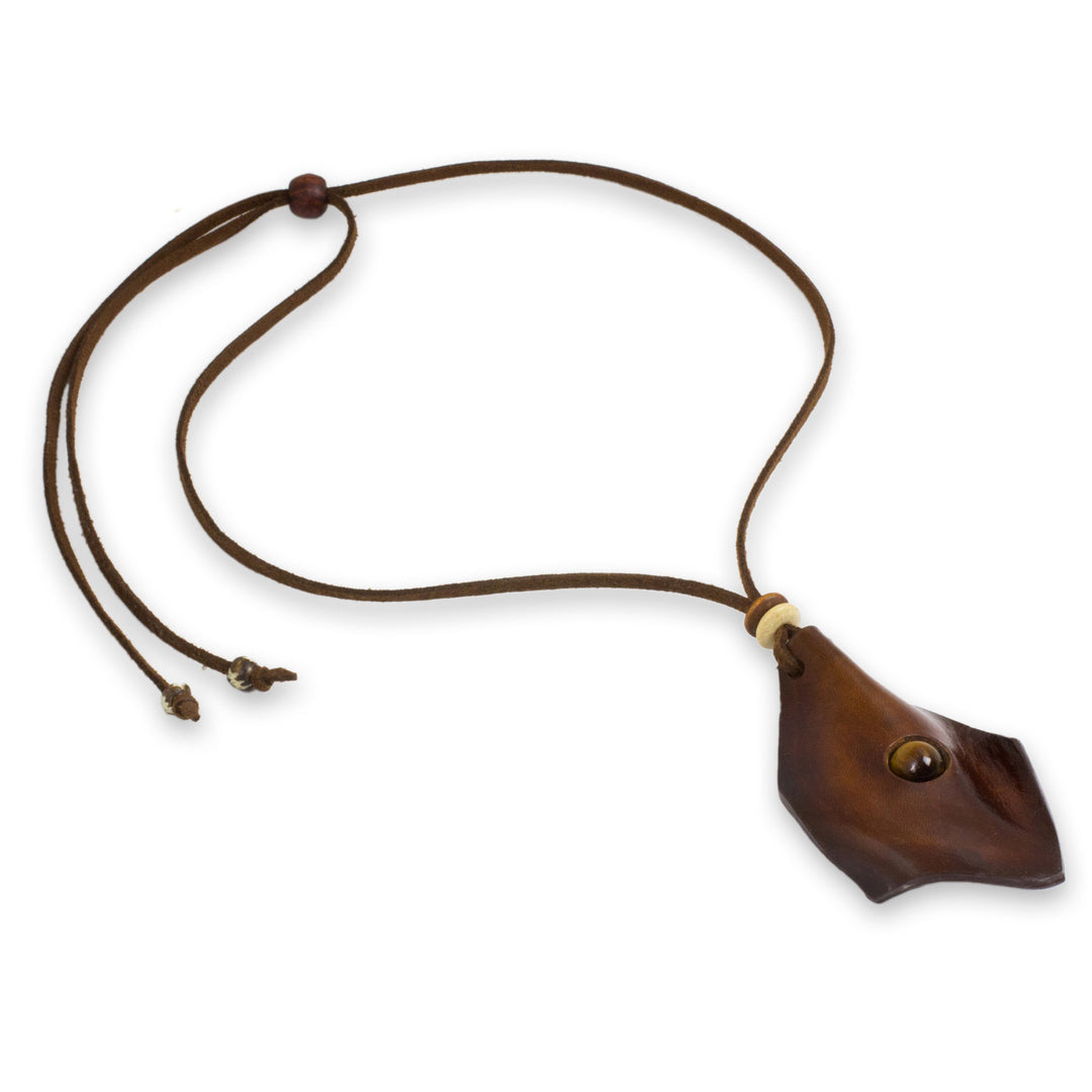 Men's Leather Wood and Tiger's Eye Pendant Necklace - Thai Cowboy