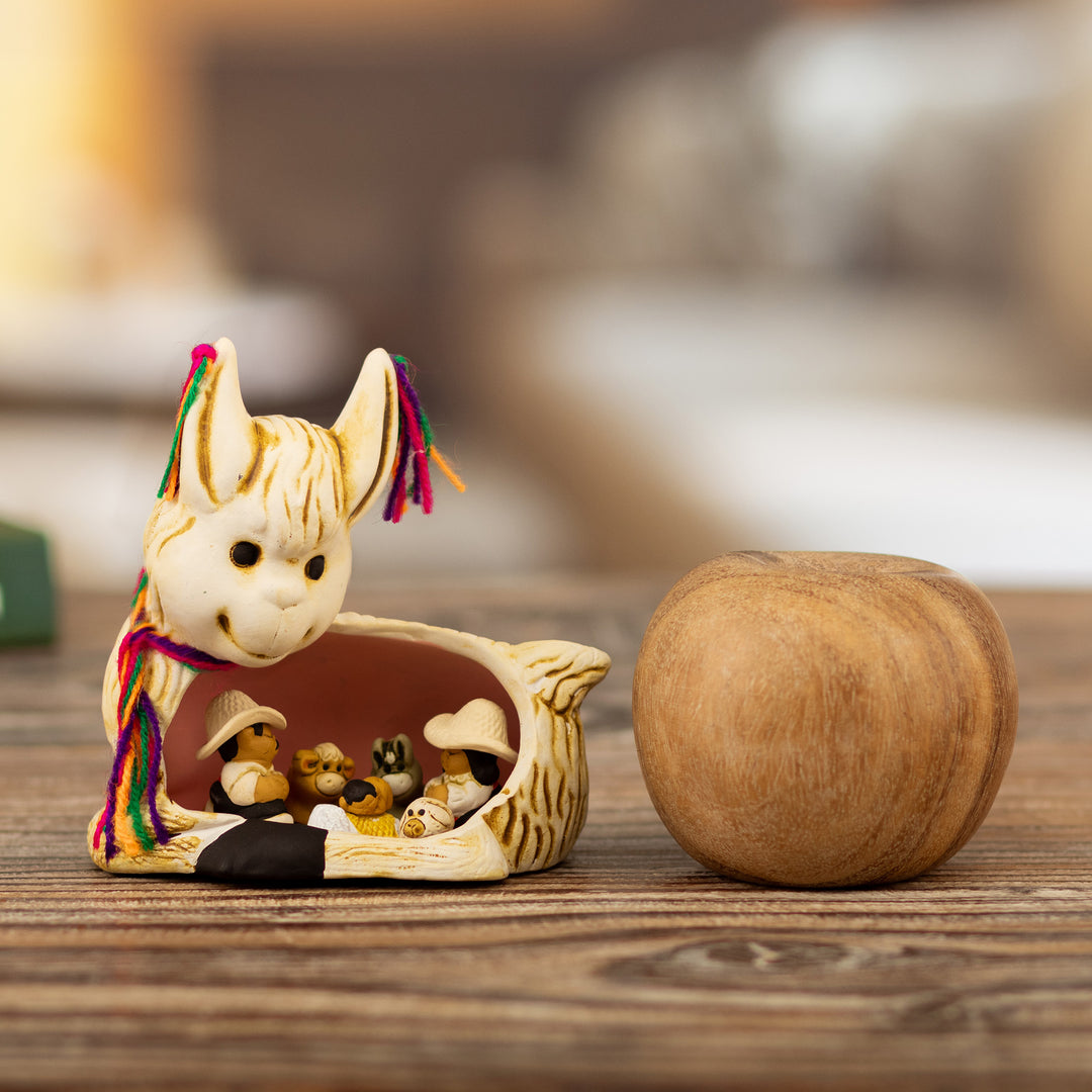 Hand-Painted Llama-Themed Ceramic Nativity Scene from Peru - Llama Love