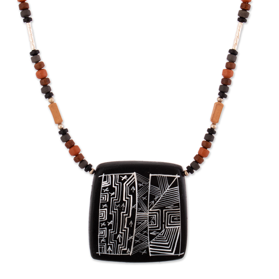 Peruvian Ceramic Pendant Necklace with Silver Beads - Night Sky