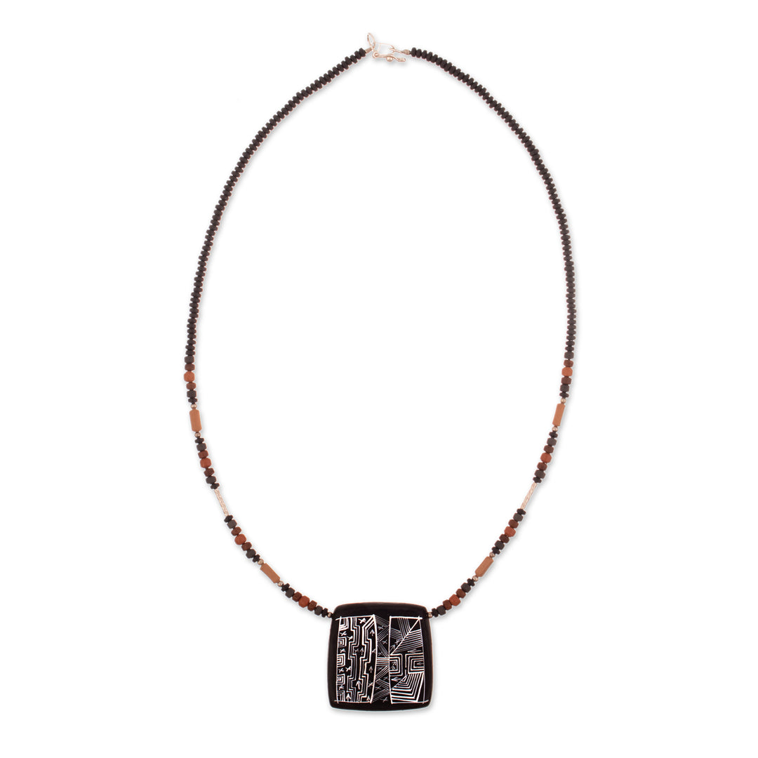 Peruvian Ceramic Pendant Necklace with Silver Beads - Night Sky