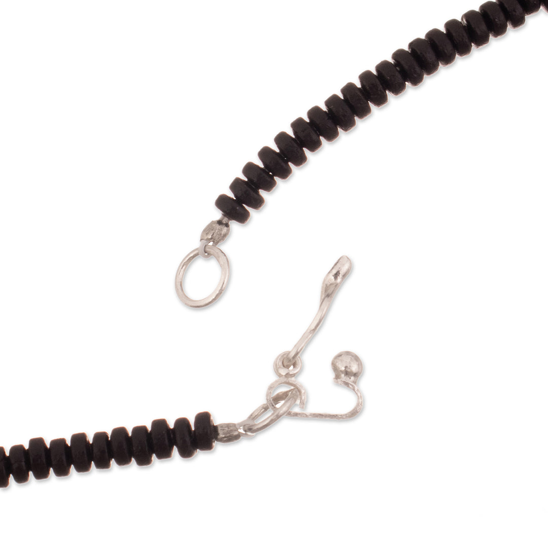 Peruvian Ceramic Pendant Necklace with Silver Beads - Night Sky