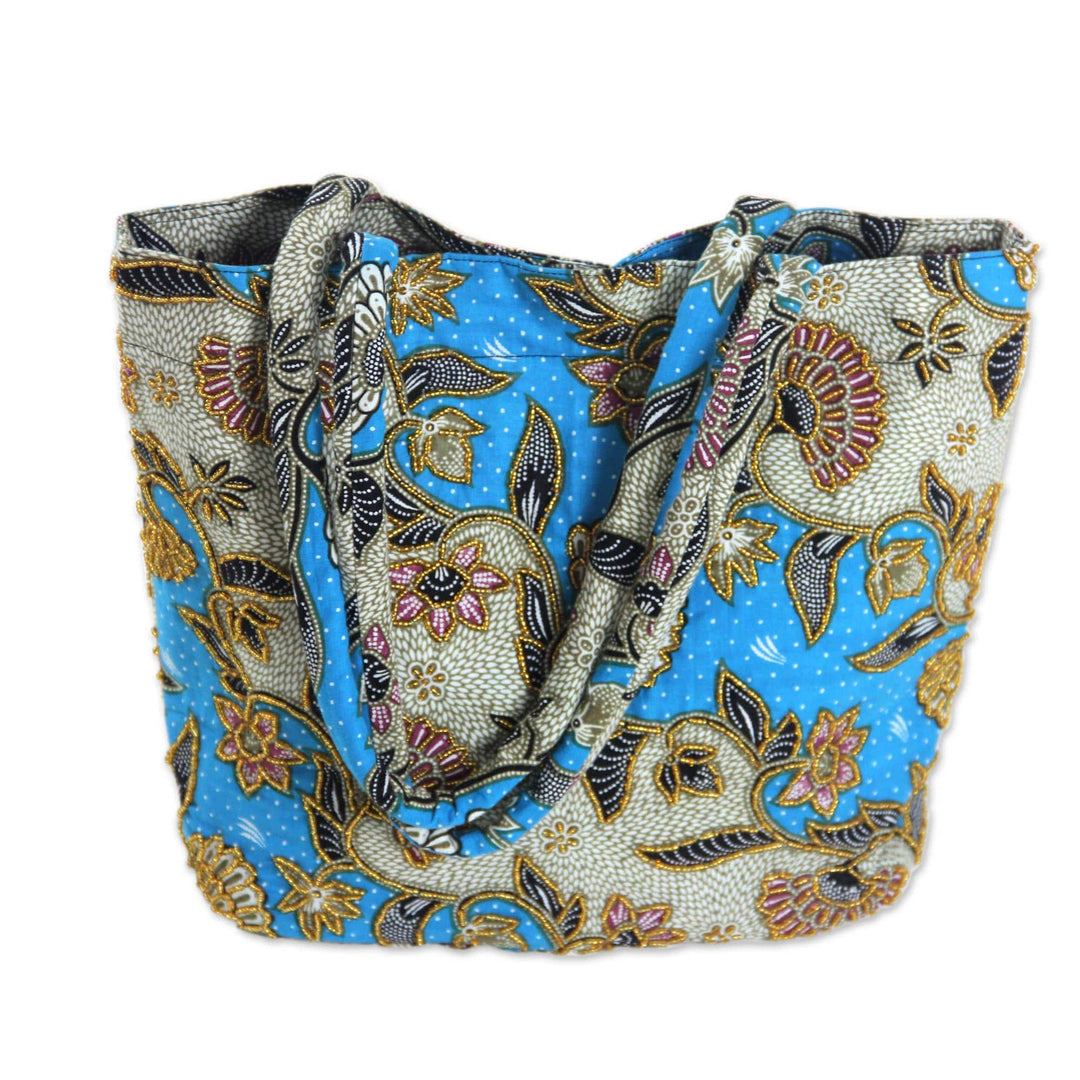 Handcrafted Cotton Batik Shoulder Bag in Blue Floral Pattern - Blue Kembang Kapas