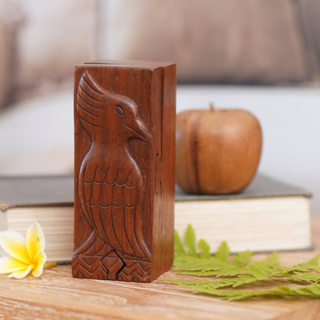 Artisan Crafted Bird Theme Wood Puzzle Box from Bali - Bali Mynah