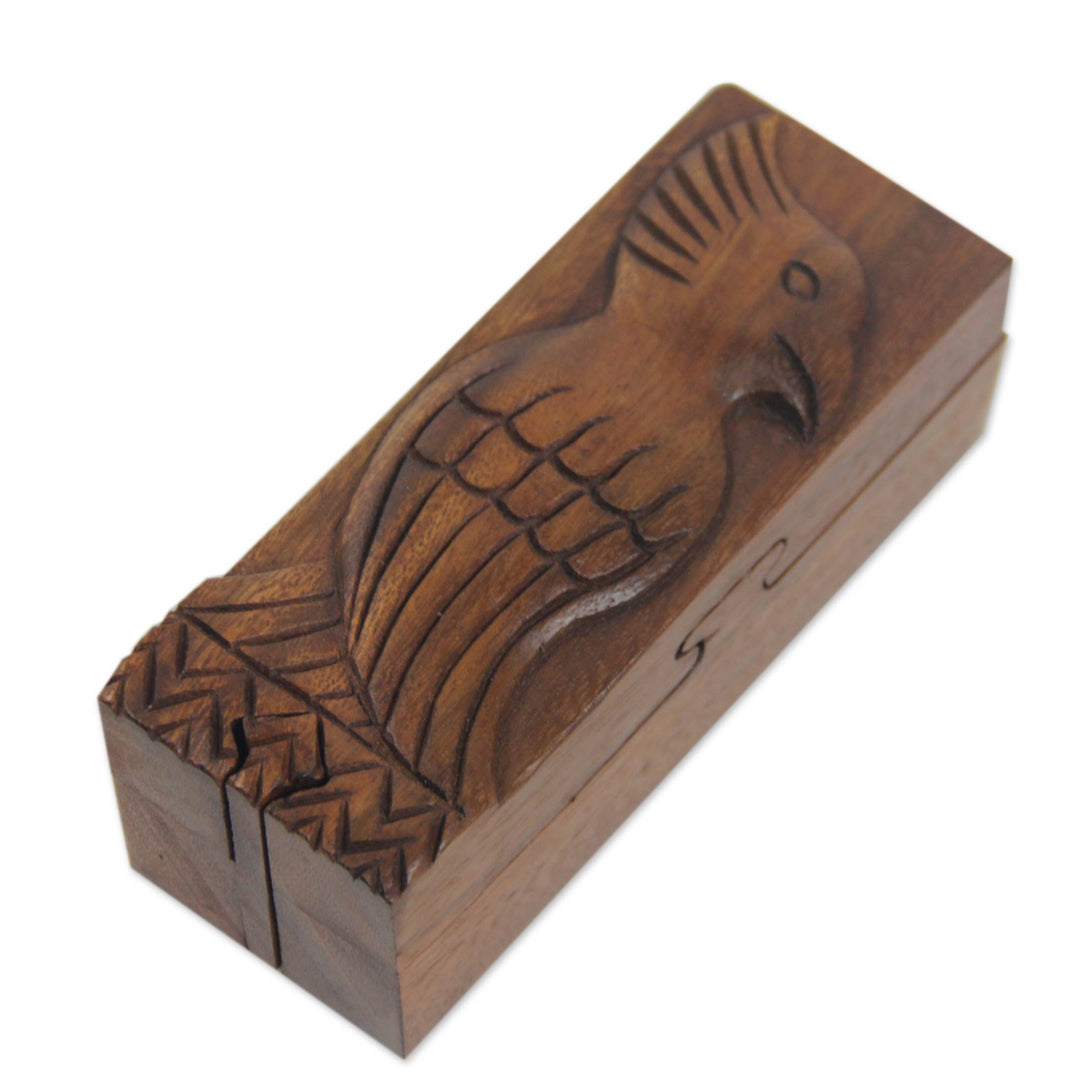 Artisan Crafted Bird Theme Wood Puzzle Box from Bali - Bali Mynah