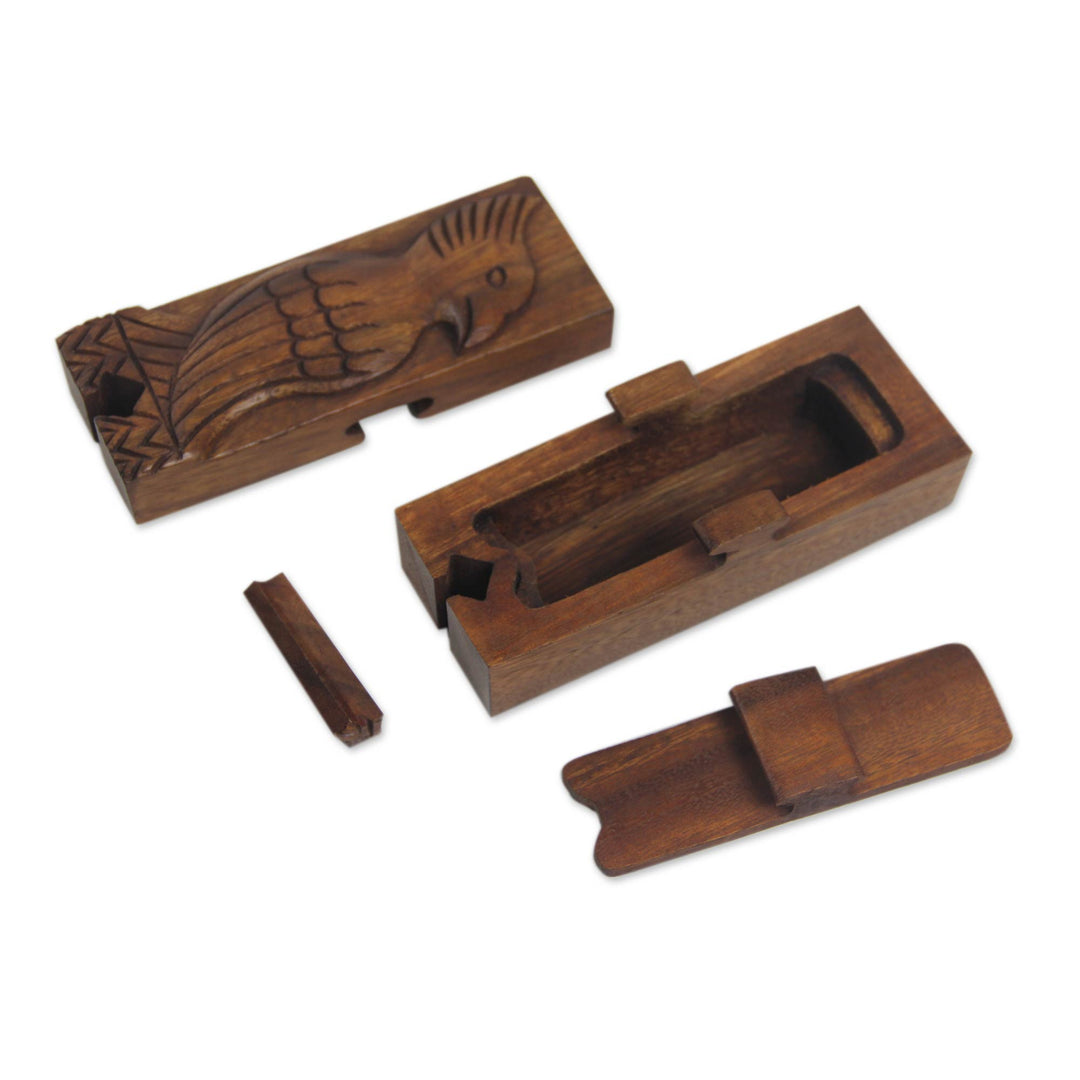 Artisan Crafted Bird Theme Wood Puzzle Box from Bali - Bali Mynah