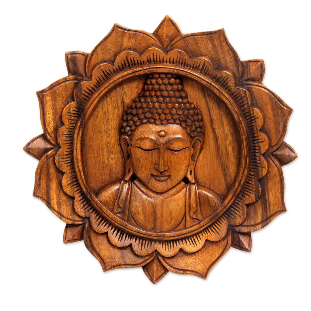 Balinese Hand Crafted Wood Buddha Relief Panel - Lotus Buddha