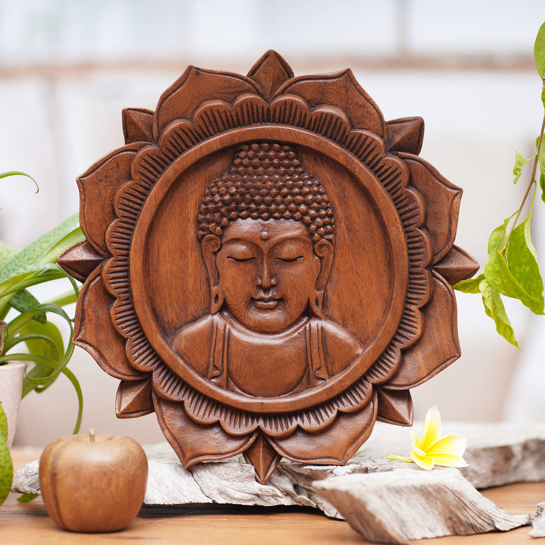 Balinese Hand Crafted Wood Buddha Relief Panel - Lotus Buddha