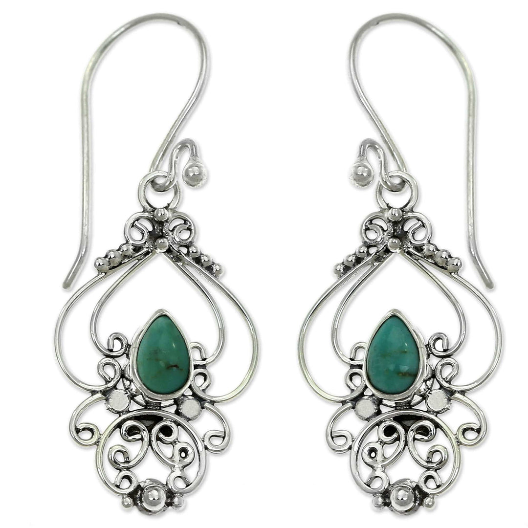 Ornate Natural Turquoise Dangle Earrings from Bali - Turquoise Arabesque