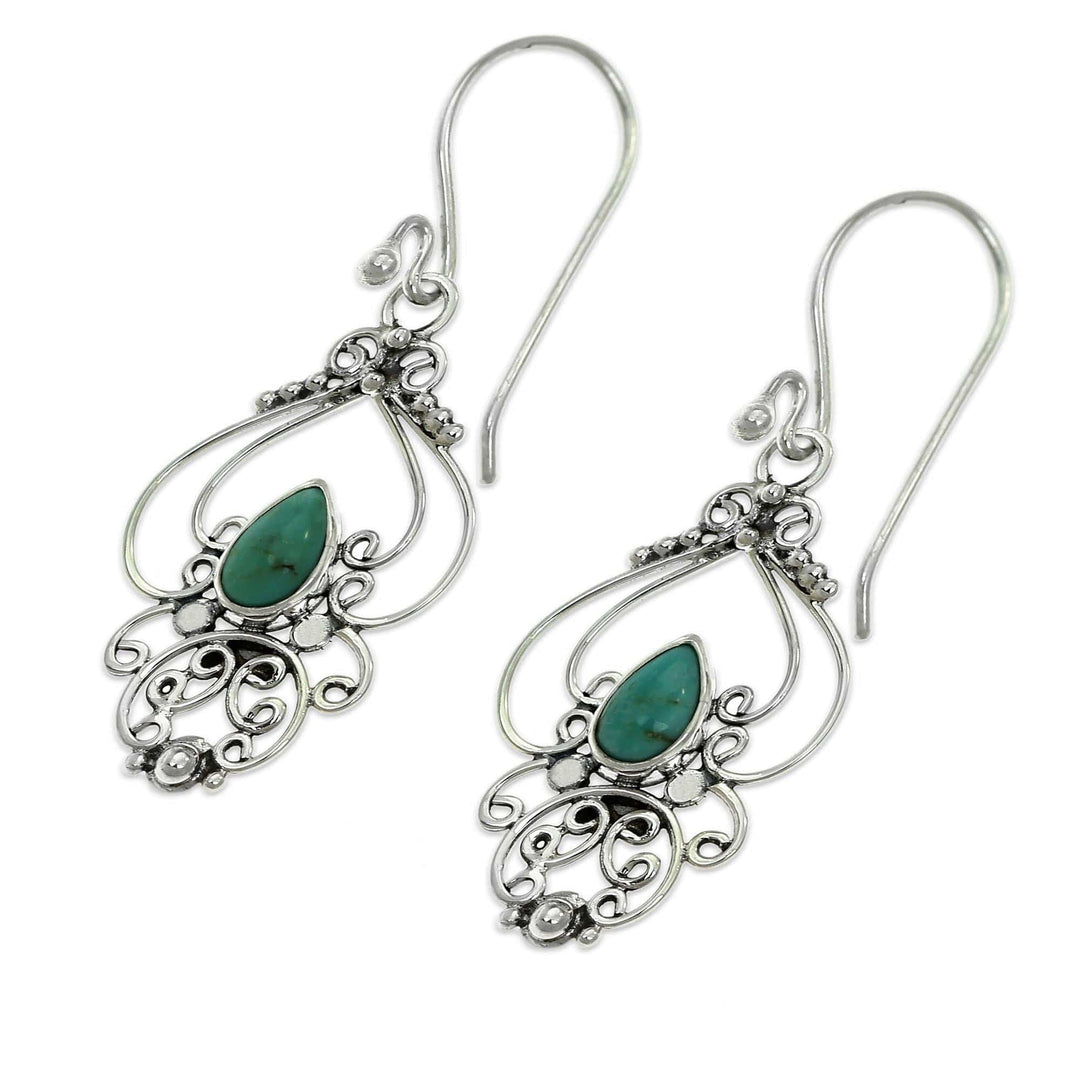 Ornate Natural Turquoise Dangle Earrings from Bali - Turquoise Arabesque