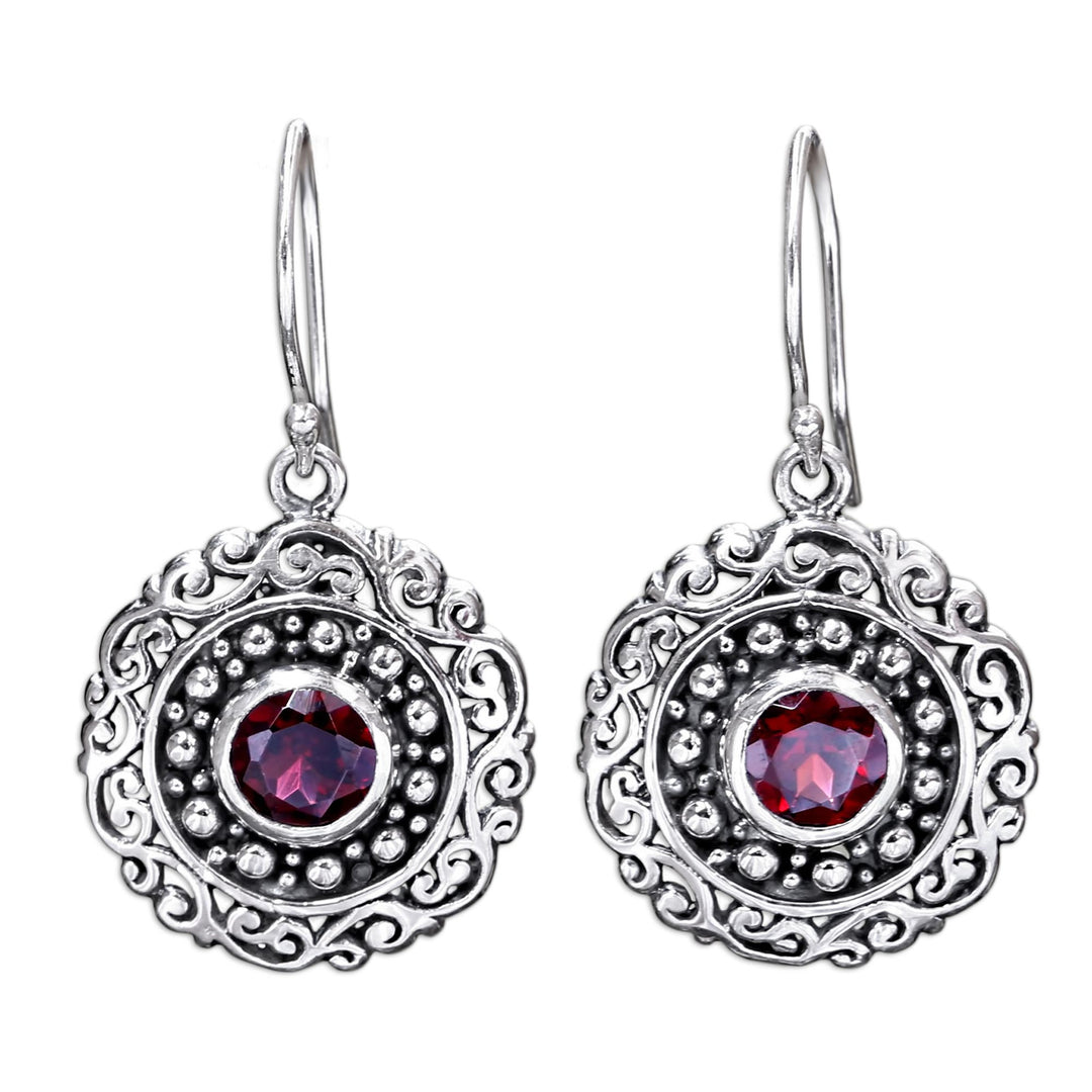 Round Sterling Silver and Garnet Dangle Earrings - Solar Flares
