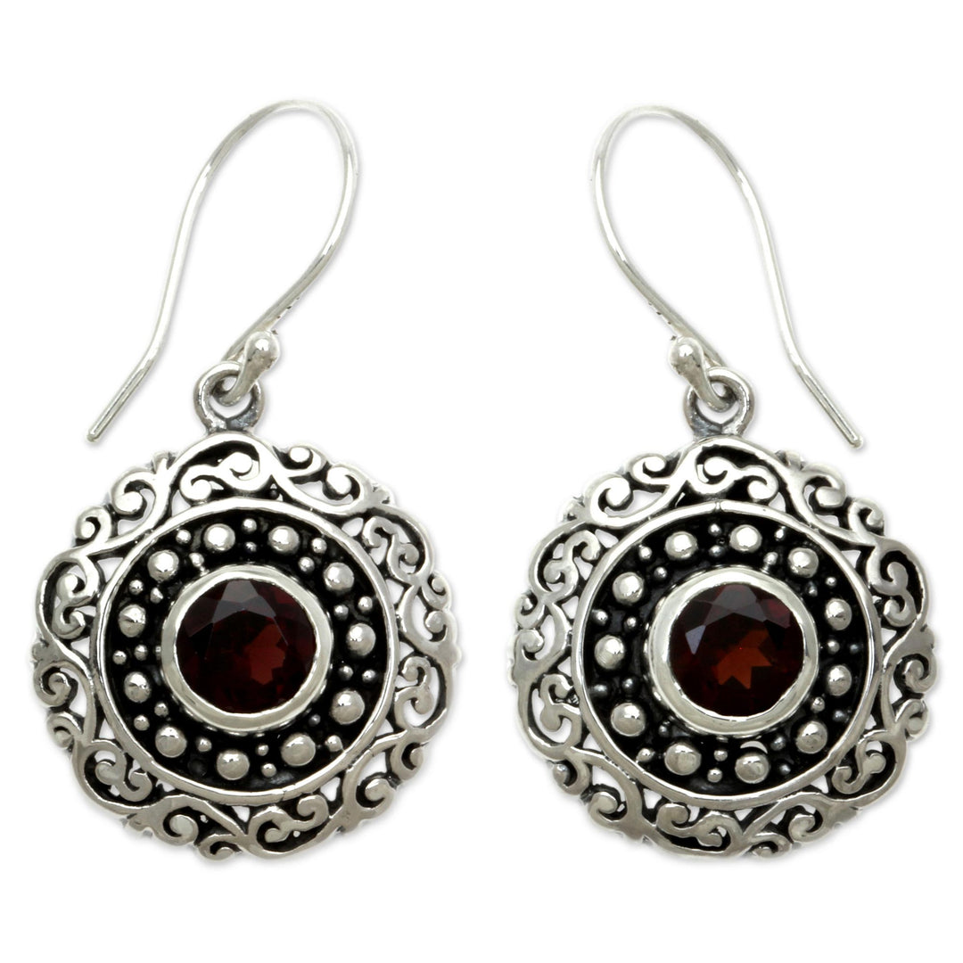 Round Sterling Silver and Garnet Dangle Earrings - Solar Flares