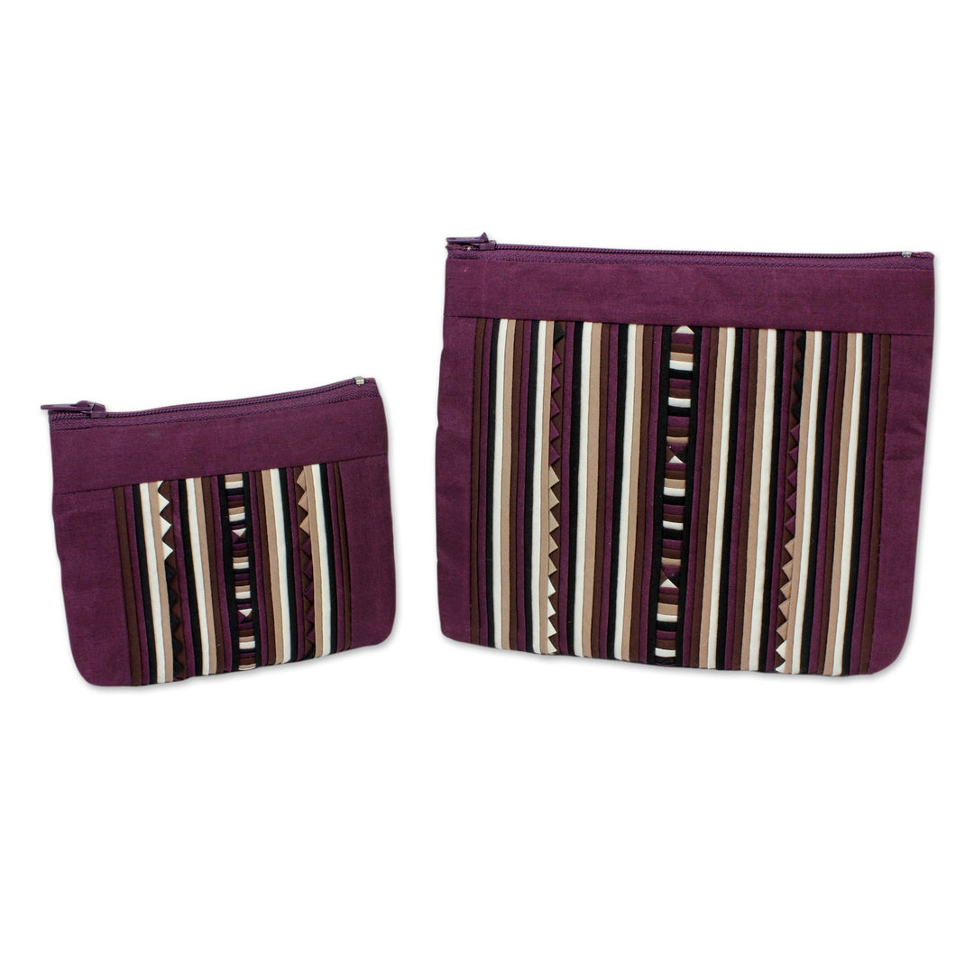 Maroon Cotton Blend Cosmetic Cases from Thailand (pair) - Exotic Lisu in Wine