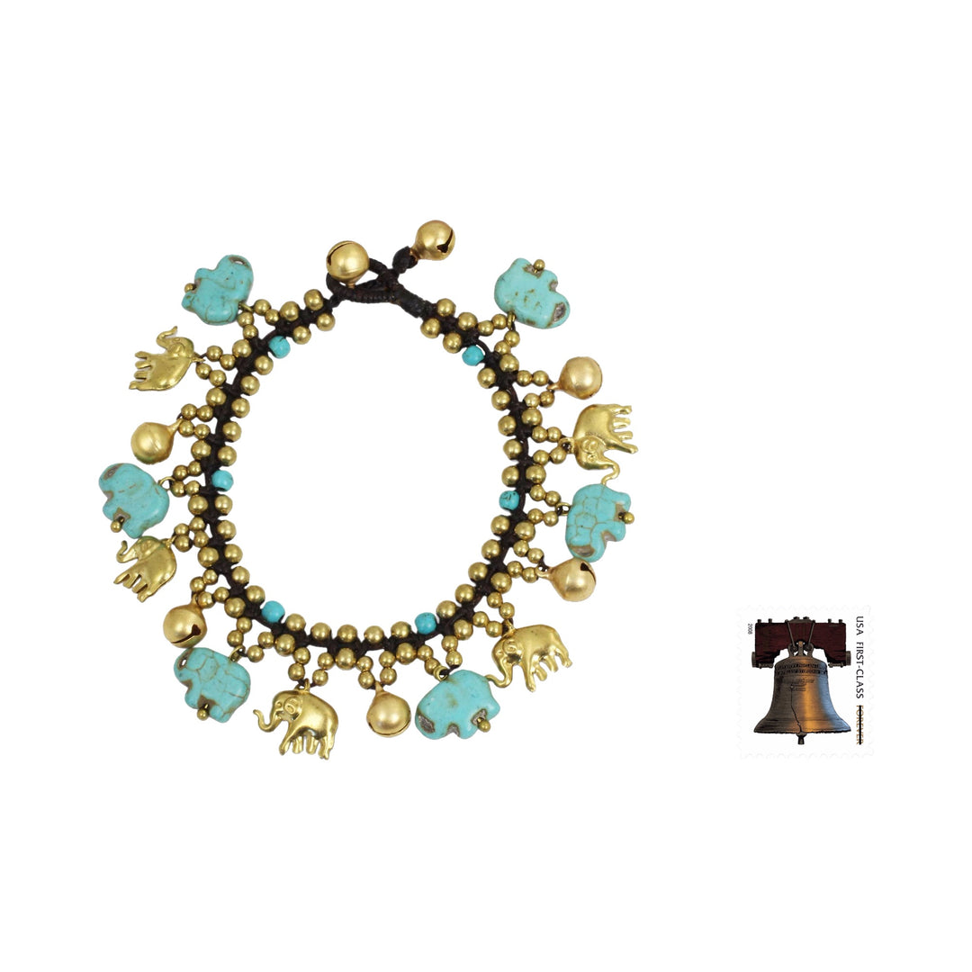 Elephant Charm Bracelet with Brass and Blue Calcite Beads - Elephant World